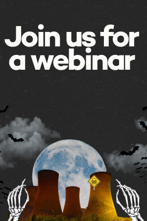 Text that reads "join us for a webinar" with a spooky Halloween themed background
