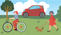Graphic of car, cyclist, person walking a dog on a sunny day