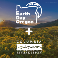 Background of wildflowers with the Earth Day Oregon logo + Columbia Riverkeeper logo in white 