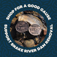 circular image of metal belt buckles laying on top of rocks, text on graphic reads: shop for a good cause support snake river dam removal