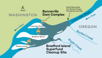 Bradford Island Map showing safe and warning areas for fishing