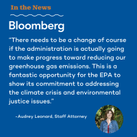 Blue block with photo of Audrey Leonard alongside her quote: “There needs to be a change of course if the administration is actually going to make progress toward reducing our greenhouse gas emissions. This is a fantastic opportunity for the EPA [U.S. Environmental Protection Agency] to show its commitment to addressing the climate crisis and environmental justice issues.”
