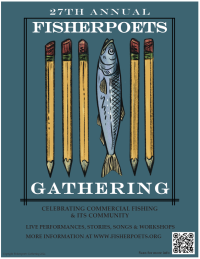 27th Annual FisherPoets Gathering Poster. Five pencils and one fish are in the image.