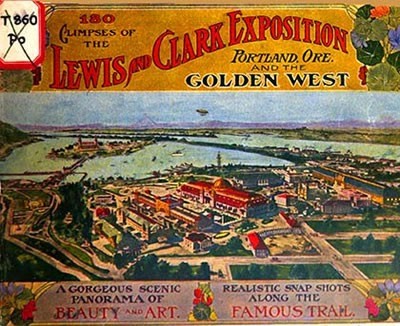 The front cover of “Glimpses of the Lewis and Clark Exposition,” a souvenir booklet printed for the event by a Chicago publisher, shows a hand-painted overview of Guild’s Lake when the Exposition was under way on its shores in 1905. (Image: Laird & Lee Publishers)