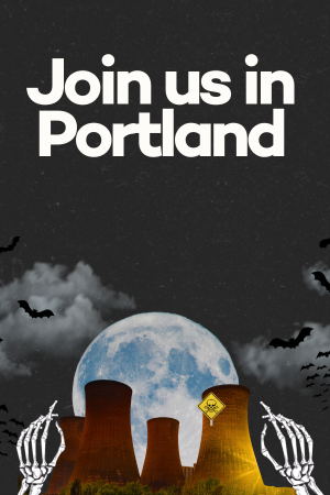 Text reads "join us in Portland" with a spooky halloween design.