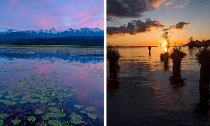 UPPER COLUMBIA: Purcell Mountains reflect in calm water near Spillimacheen, BC (left); ESTUARY: Skamokawa Landing on Lower Columbia, WA (right). Photo credit: Peter Marbach.