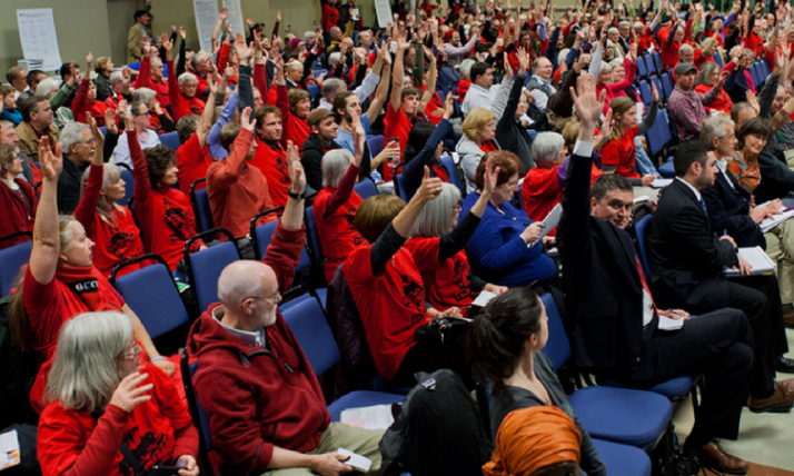 Red-shirted oil terminal opponents packed Gaiser Hall in October 2013. Join us in the same room on April 5, 2018 to celebrate grassroots victories over massive oil and coal projects.