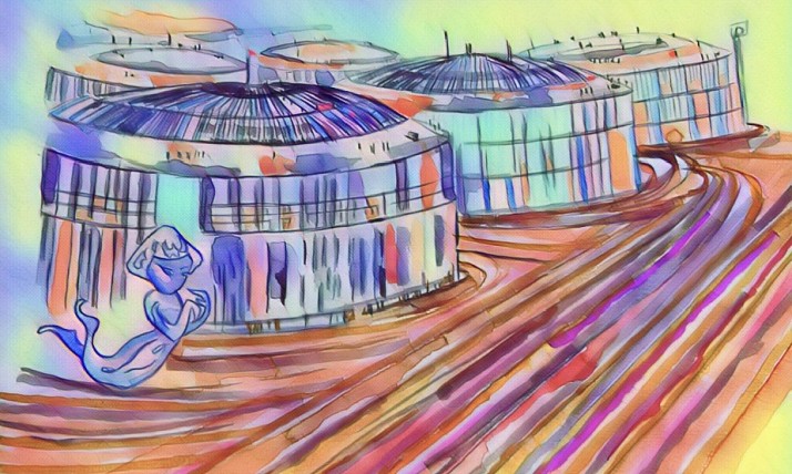 Pastel-colored drawing of a personified raindrop floating through the Hanford waste tanks