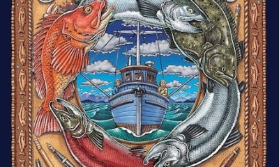 Fisherpoets festival poster featuring fish and a boat with the words "FisherPoets Gathering Astoria, Oregon"