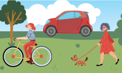Graphic of car, cyclist, person walking a dog on a sunny day