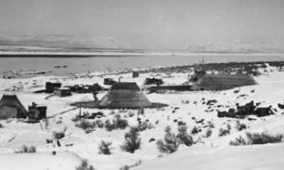 Tule reed mat houses in the Wanapum Indian village, 1943