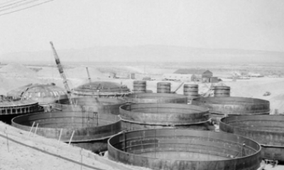 Tanks at Hanford, black and white photo showing open tanks above ground